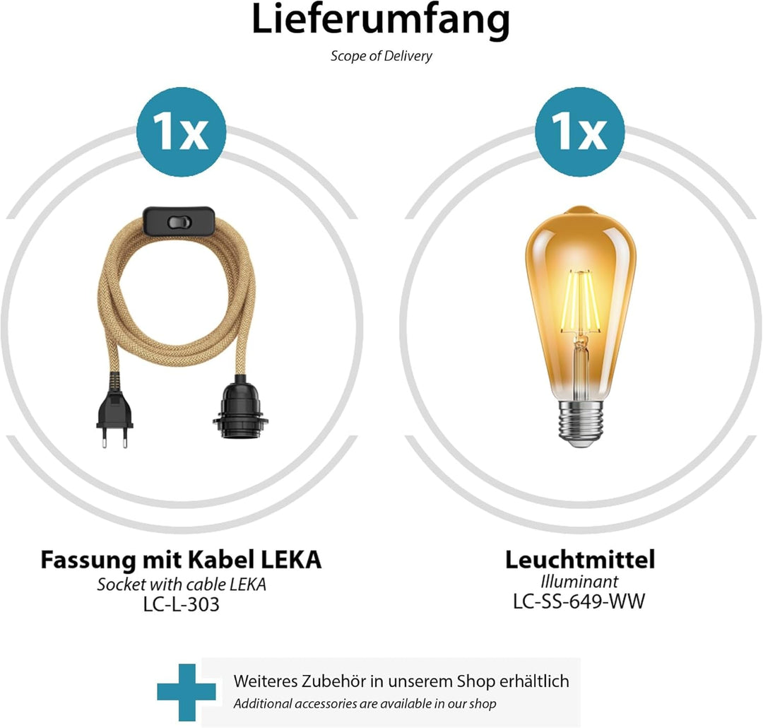ledscom.de Hanfkabel LEKA mit Stecker, Schalter und E27 Fassung, inkl. E27 Lampe Vintage Retro gold