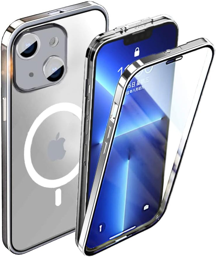 iPhone 14 Schutzhülle Transparent Gehärtetes Glas Case Original Metall Stossfänger 360 Grad Schutz C