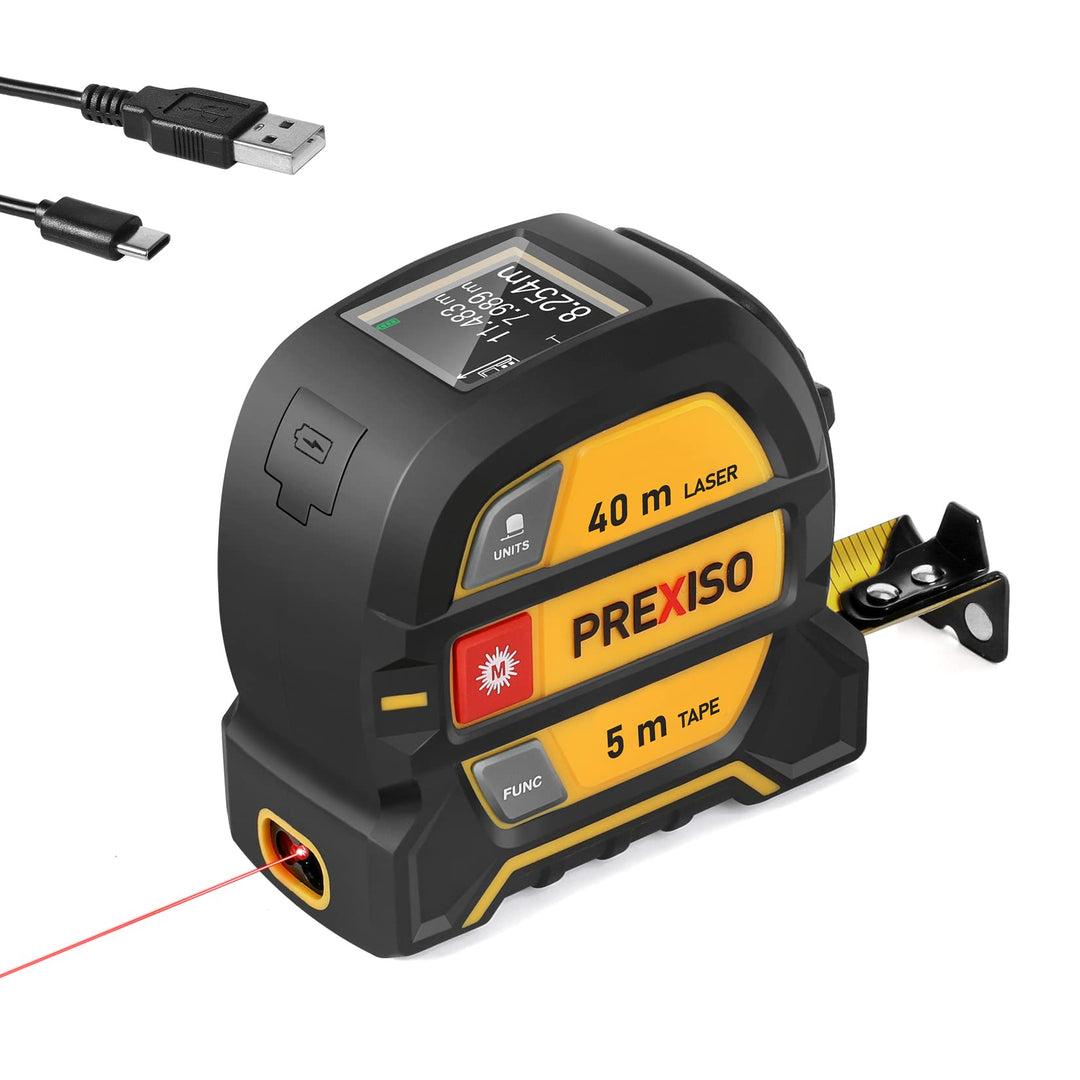 PREXISO Laser Entfernungsmesser 40m, Digitales, mit LCD Hintergrundbeleuchtung M/In/Ft, Wiederauflad