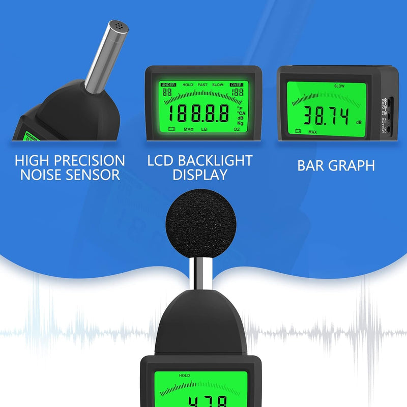 Digitaler Schallpegelmesser, Handheld Dezibelmesser 30-130 dB (A/C), ±1,5 dB Audio Volume Level Test