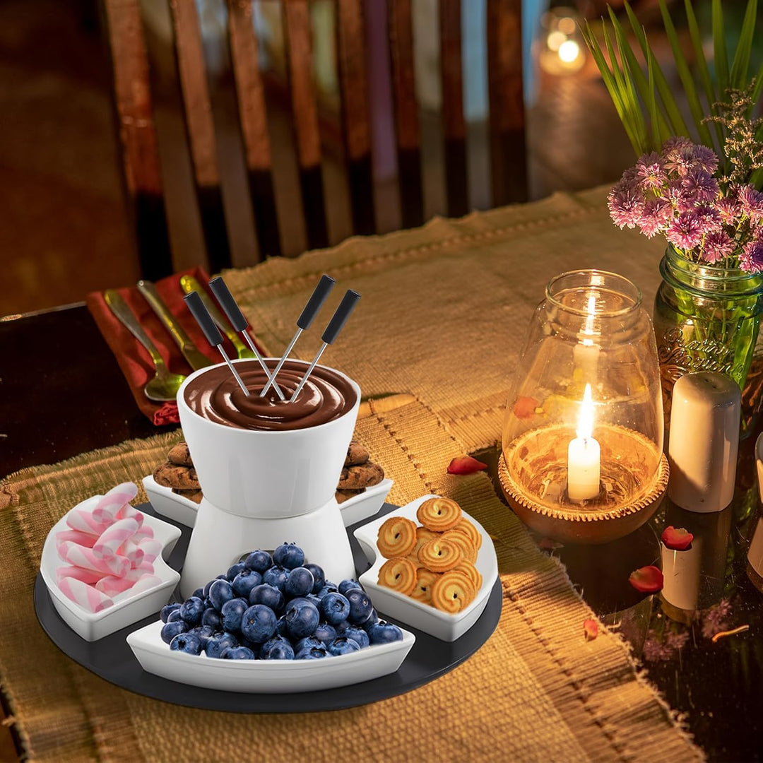 Keramik Schokofondue, Fondueset mit Holzpalette, 4 Gabeln, 4 Snackschalen, Schokobrunnen mit Schmelz