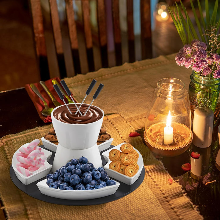 Keramik Schokofondue, Fondueset mit Holzpalette, 4 Gabeln, 4 Snackschalen, Schokobrunnen mit Schmelz