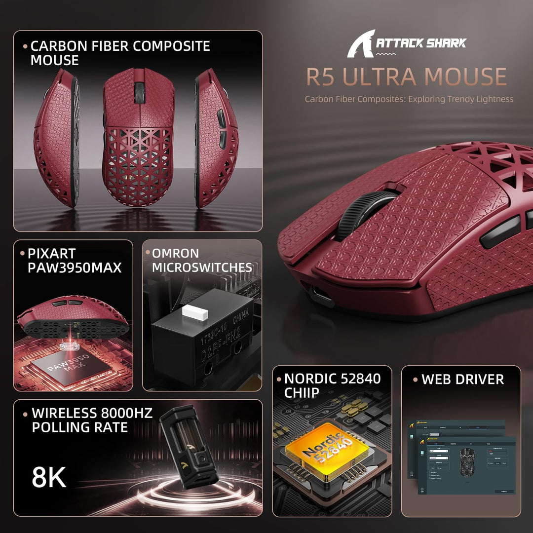 ATTACK SHARK R5 Ultra Carbonfaser Gaming-Maus, 39g Superlight, 8000Hz Kabellose Mouse, 42000 DPI, PA
