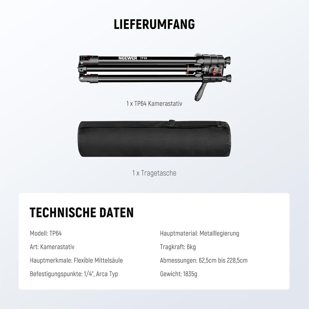NEEWER Overhead Horizontal Kamera Stativ Einbeinstativ mit Fluidkopf und Flexibler Mittelsäule, 90"