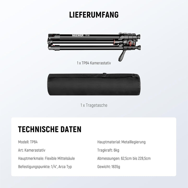 NEEWER Overhead Horizontal Kamera Stativ Einbeinstativ mit Fluidkopf und Flexibler Mittelsäule, 90"