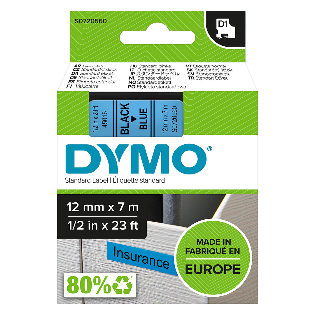 DYMO Original D1-Etikettenband, schwarz auf blau, 12 mm x 7 m, selbstklebendes Schriftband, für Labe
