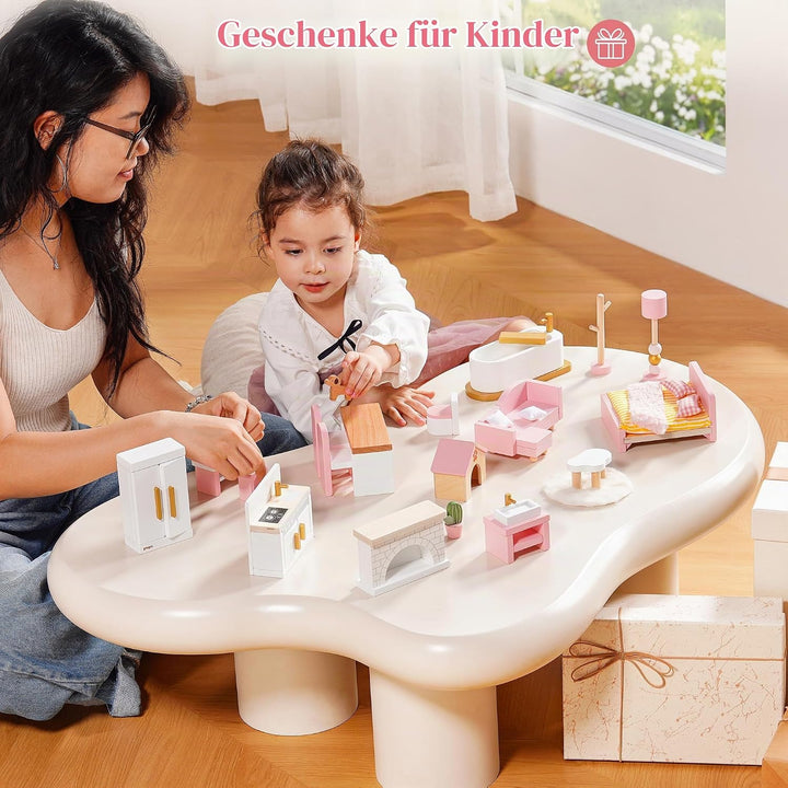 ROBUD Holz Puppenhaus Möbel Set 28-TLG, Puppenmöbel Zubehör für Puppenhaus, Schlafzimmer Küche Wohnz