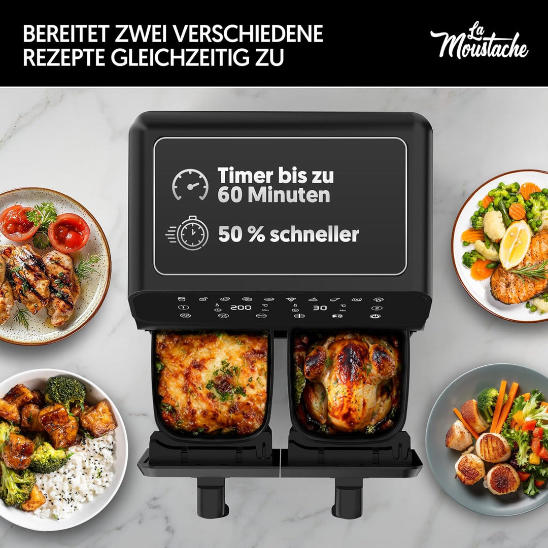 La Moustache - Heissluftfritteuse 8L mit 2 Separaten Körben, Ölfreie Fritteuse 1700W, 10 Programmen,