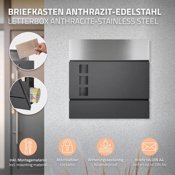 ECD Germany Standbriefkasten mit Zeitungsfach, Design Briefkasten mit Pfosten, Standfuss freistehend