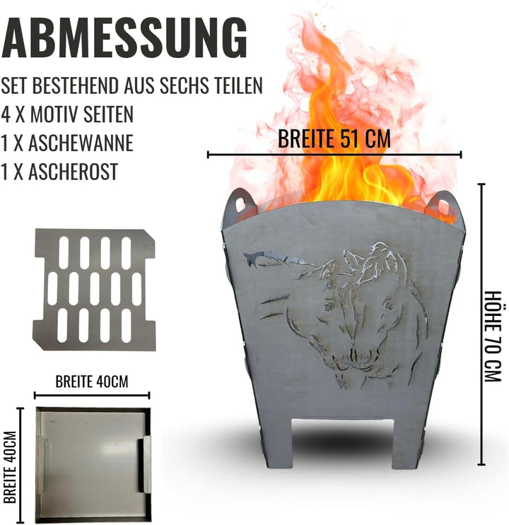 Terma Stahldesign Feuerkorb XXL mit Pferde-Motiv – Massive Feuertonne aus Stahl – dekorative Feuerst