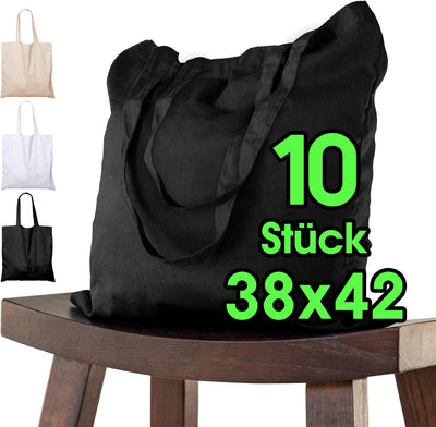 Baumwolltasche 38x42 cm 10 Stück unbedruckt, lange Henkel Stofftasche Tragetasche, Beutel, Baumwollb