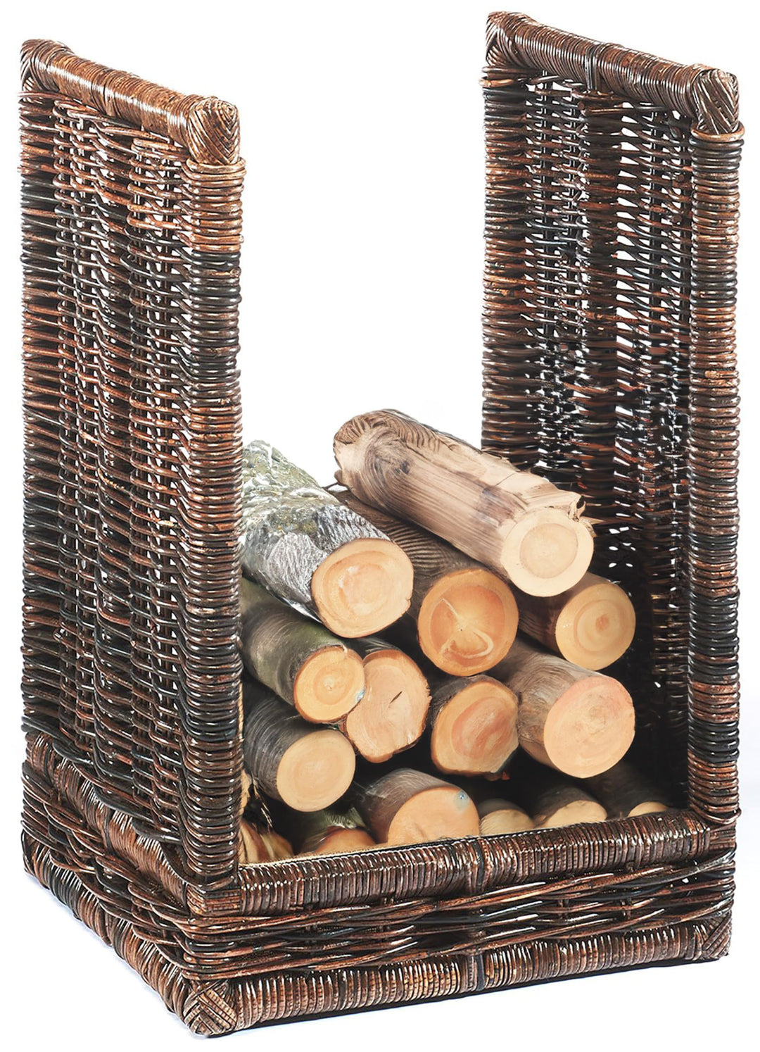 Kobolo Kaminholzablage Kaminholzregal - krabu Rattan - mit Leinenstoff - 48x44x74cm