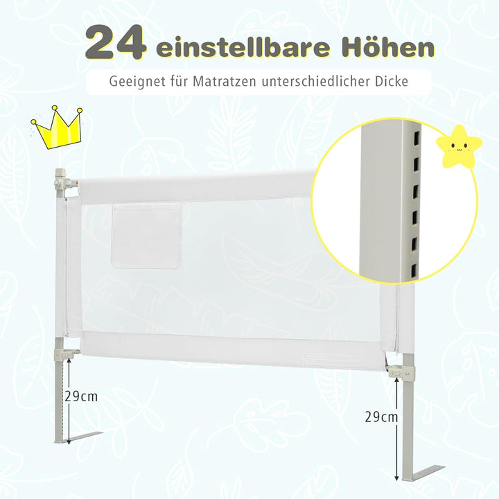 COSTWAY Bettgitter 145 cm, Bettschutzgitter abschliessbar mit 24 einstellbare Höhen &amp; Seitentasche,