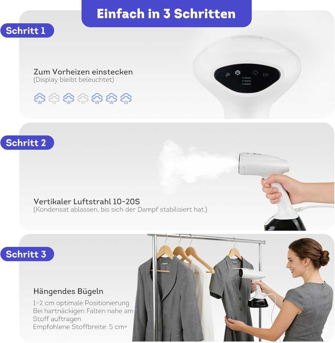 Steamer & Dampfglätter 1800W, Tragbarer Dampfbügler mit 3 Dampfstufen & 400ml Wassertank, Kompakter