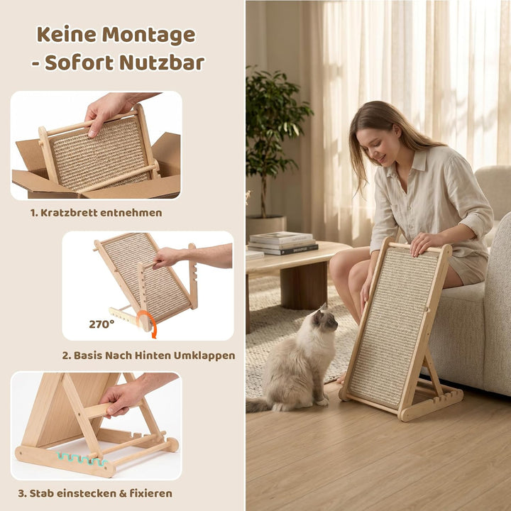 X XBEN Holz Kratzbrett Katze, 60CM Klappbares Katzenkratzbrett mit 5 Einstellbaren Höhen, Natürliche