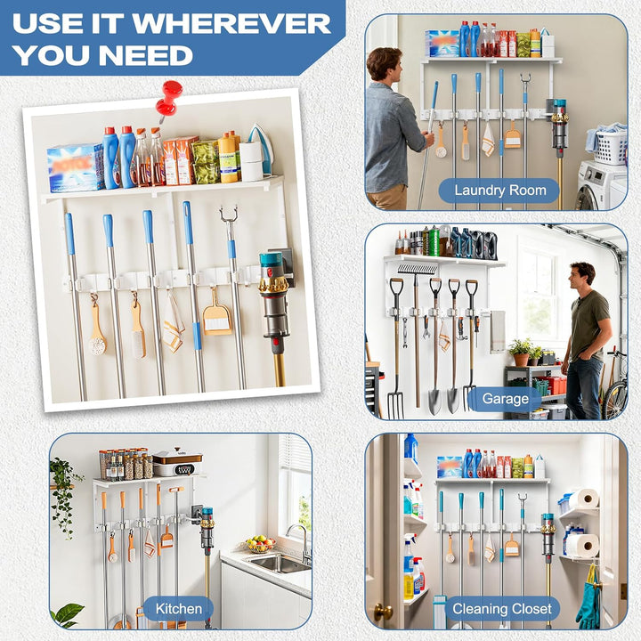 Besenhalterung Wand, Besenhalter mit 6 Halter und 4 Haken, Wandhalterung Besen mit Regal, Gerätehalt