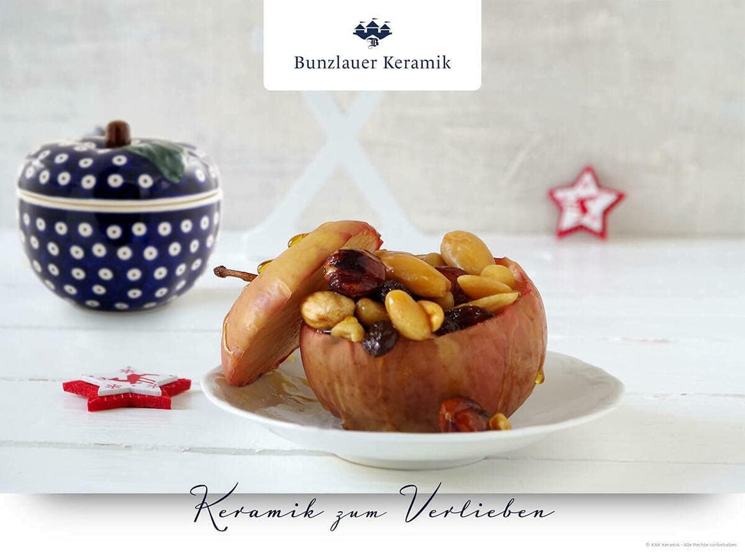 Bunzlauer Keramik Apfel-Bräter mit Deckel, 12,6x11,6 cm, Dekor 42