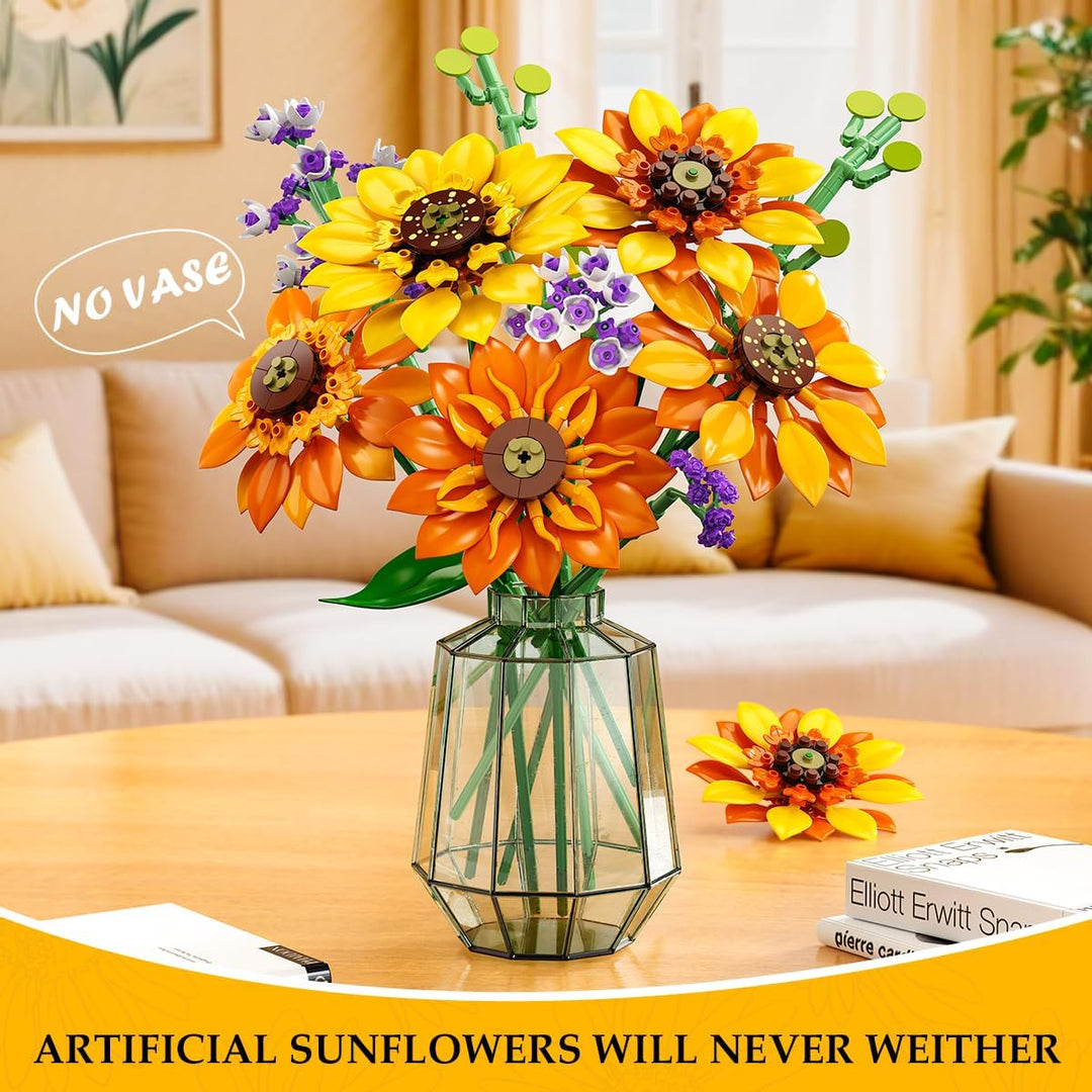CUBIMANA Blumen-Sonnenblumenstrauss-Bausatz mit Lichtern – 17 Blumen botanische Sammlung künstliche