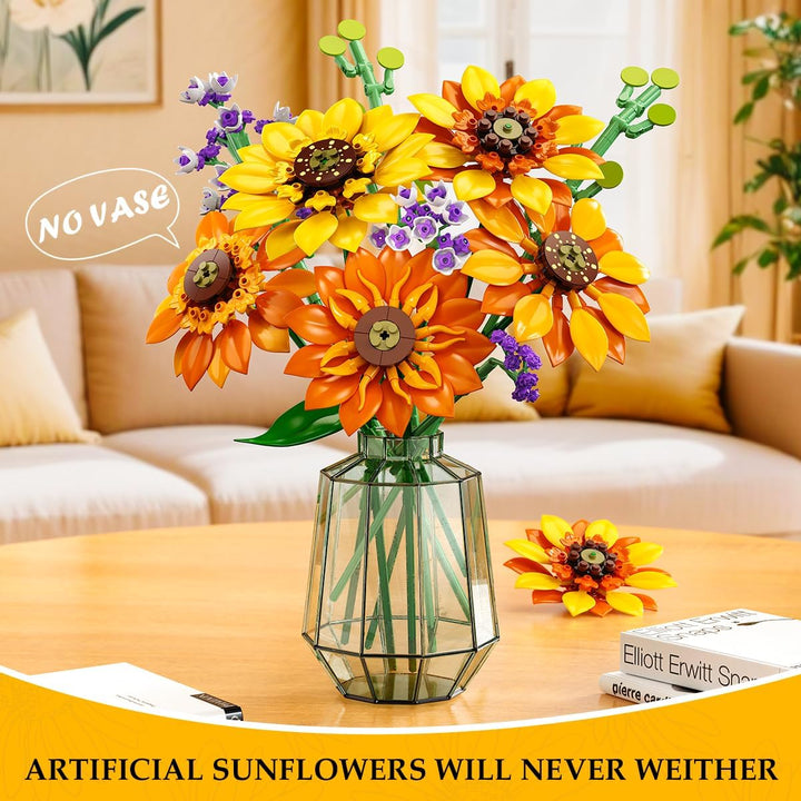 CUBIMANA Blumen-Sonnenblumenstrauss-Bausatz mit Lichtern – 17 Blumen botanische Sammlung künstliche
