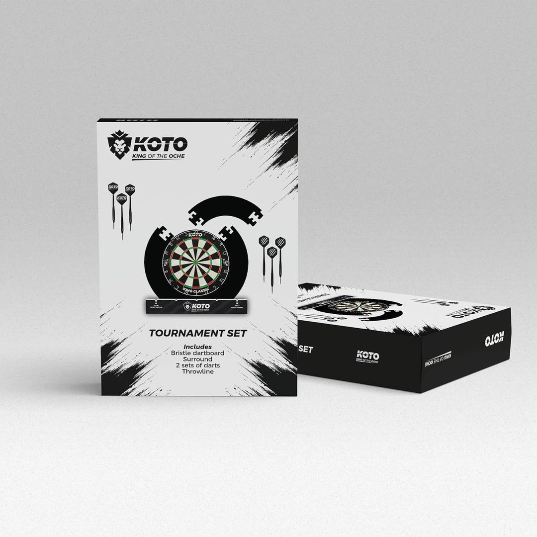 KOTO - Tournament Set Schwarz (Offizielle Masse) Bristle Dartboard, inkl. 4 STK. Surround, 2 Sätze 2