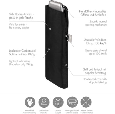 doppler Taschenschirm Carbonsteel Slim Uni – Handliches Format – Federleicht – 22 cm – Schwarz, Schw