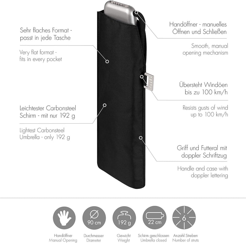 doppler Taschenschirm Carbonsteel Slim Uni – Handliches Format – Federleicht – 22 cm – Schwarz, Schw