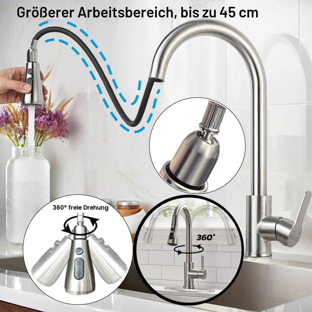 Wasserhahn Küche, Niederdruck Küchenarmatur mit Herausziehbarer Brause Ausziehbar Armatur, Mischbatt