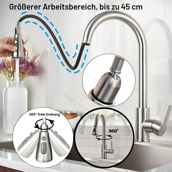 Wasserhahn Küche, Niederdruck Küchenarmatur mit Herausziehbarer Brause Ausziehbar Armatur, Mischbatt