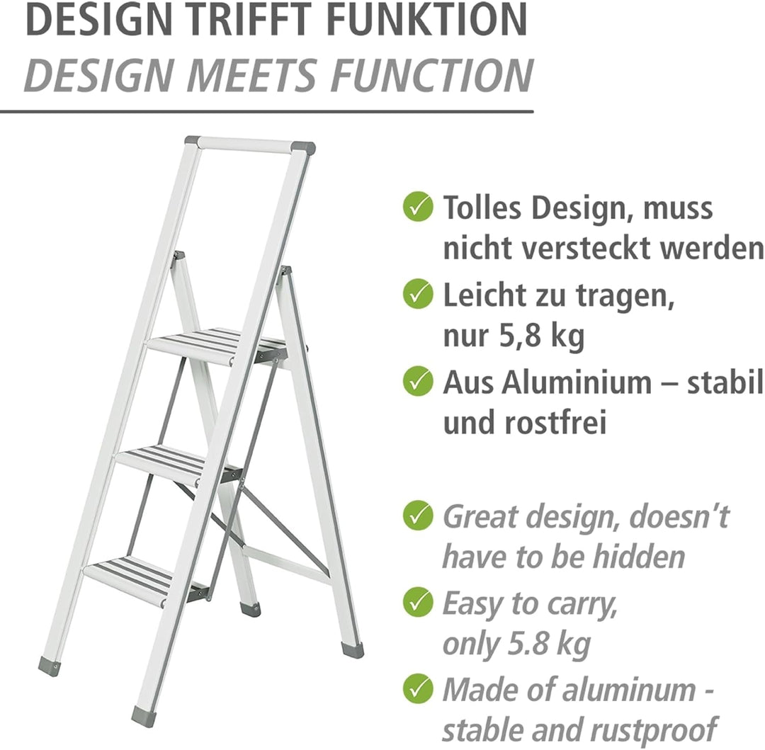 WENKO Leichte Aluminium Trittleiter mit 3 Stufen für 75 cm höheren Stand, rutschsichere XXL-Stufen,