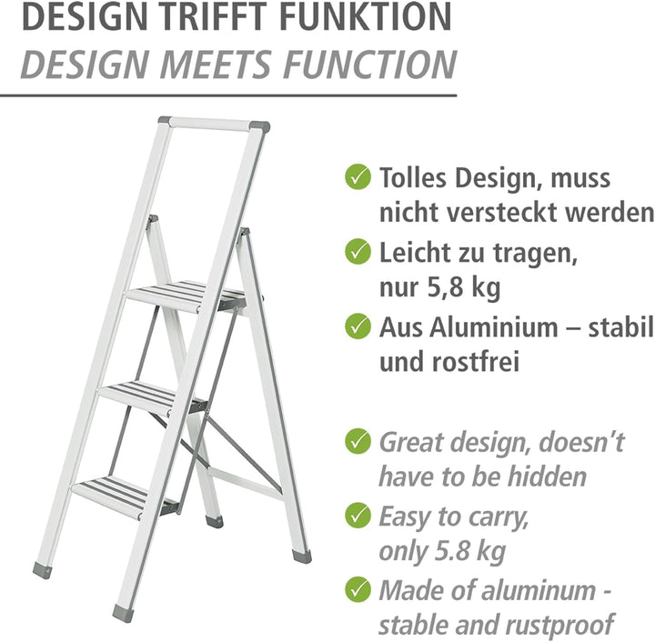 WENKO Leichte Aluminium Trittleiter mit 3 Stufen für 75 cm höheren Stand, rutschsichere XXL-Stufen,