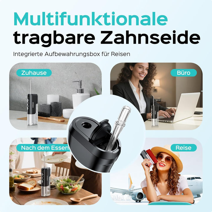 COSLUS Mini Elektrische Munddusche für Unterwegs: 4 Modi Kompaktes Design Abnehmbarer Wassertank für