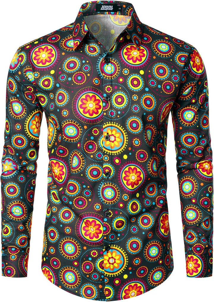 JOGAL Herren Regular Fit Floral Business Hemd Langarm Button Down Print Freizeithemd M Braun Kreis,