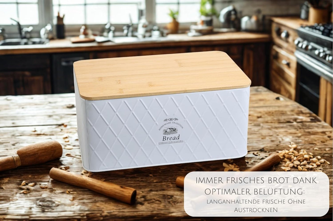 Brotkasten - Rustic Breadvault White, aus Metall mit Bambusdeckel, schöne & rustikale Brotbox mit na