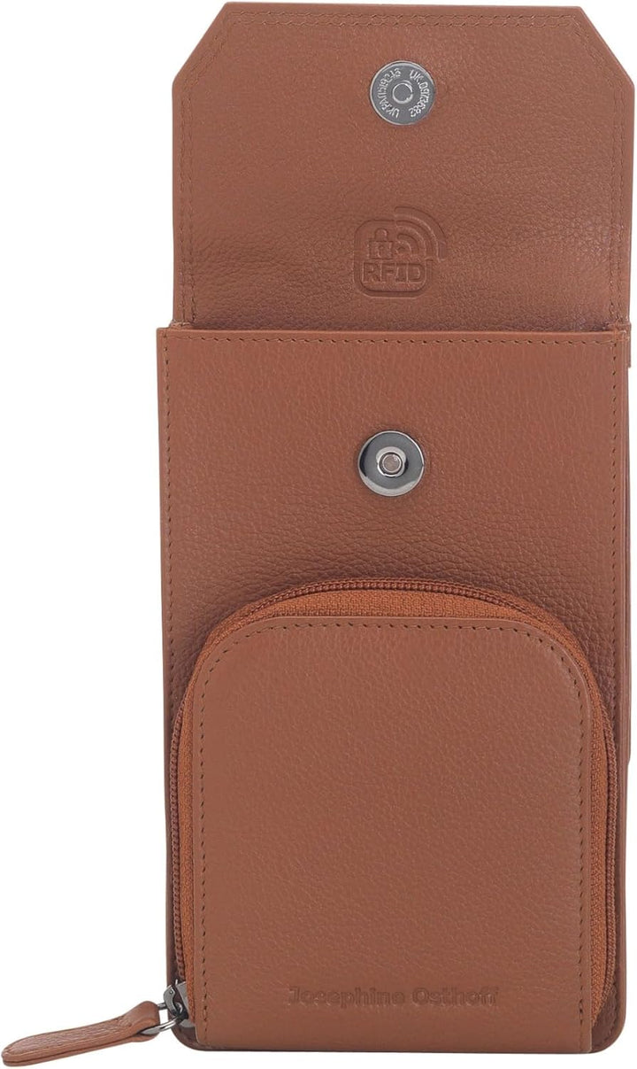 Josephine Osthoff Handy Umhängetasche mit Vortasche für Kopfhörer, handgemacht aus 100% Echtleder, C