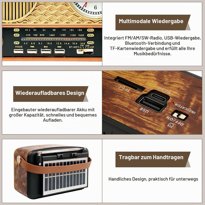 Solar Retro Radio AM/FM/SW, Retro Radio Mit Bluetooth, Vintage Kofferradio Mit Stromkabel, Wiederauf