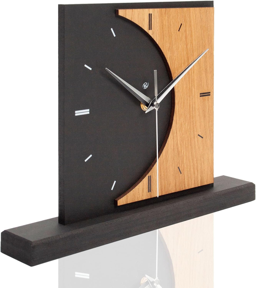 Kreative Feder Standuhr „Brown Moon“ aus Holz – Schwarze Tisch-Uhr ohne Ticken (leises Funkuhrwerk),