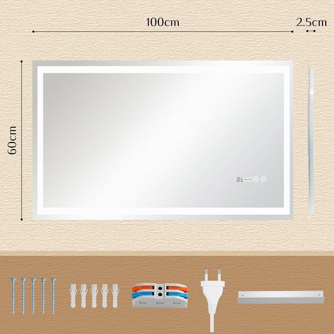 Clevich Badspiegel mit Beleuchtung und Uhr 100×60 cm, LED Spiegel mit 3 Lichtfarben dimmbar, gehärte