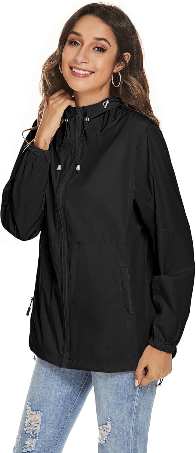 iWoo Regenjacke Damen Wasserdicht Atmungsaktiv Dünne Regenmantel Leichte Jacke Outdoorjacke Windbrea