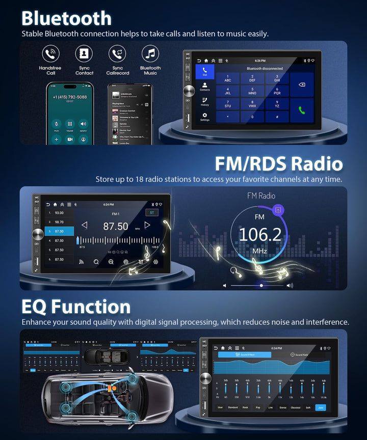 4GB+64GB 2 Din Carplay Autoradio mit Type-C, Android Auto Car Stereo mit GPS Navigation, WiFi, Bluet