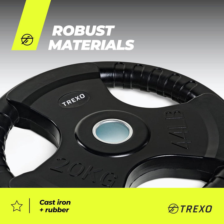 TREXO BelastungScheibe mit Griffen Gusseisen beschichtet für Langhanteln Langlebige ergonomische Sch