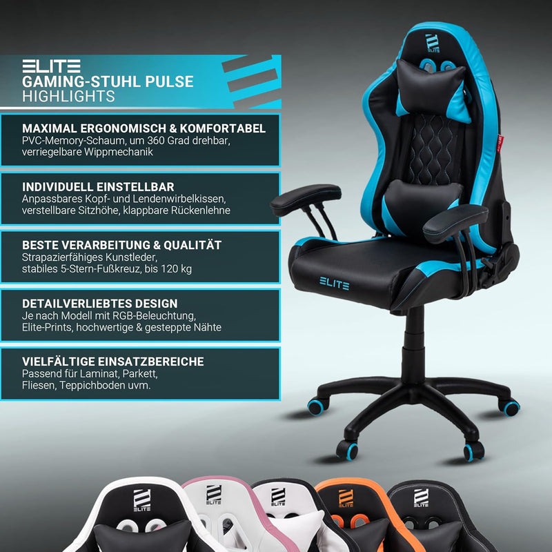 ELITE Gaming Stuhl Pulse für Kinder | Ergonomischer Bürostuhl - Schreibtischstuhl - Chefsessel - Ses