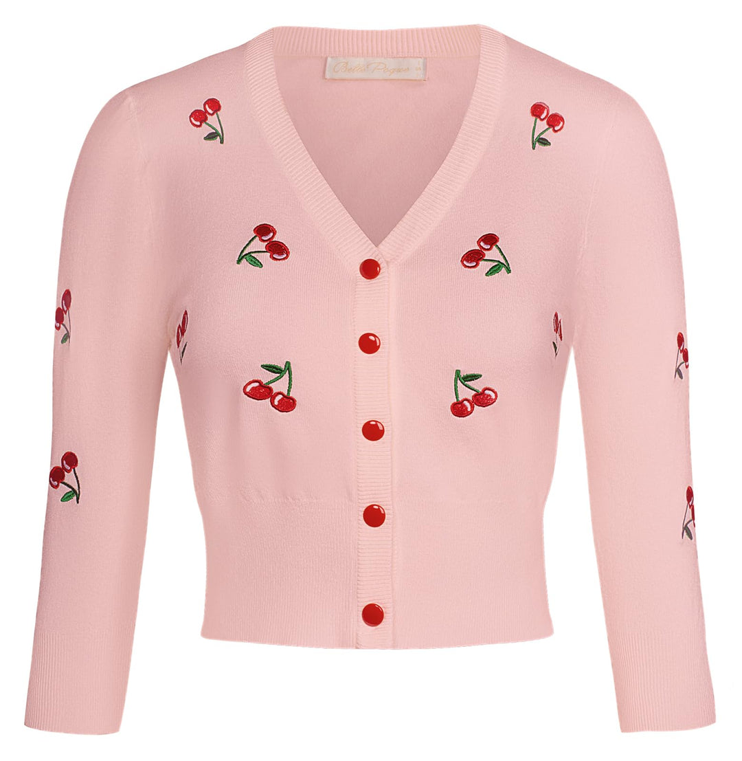 Belle Poque Damen Strickjacke mit 3/4-Ärmeln, V-Ausschnitt, Knopfleiste, Kirschen, Stickerei, Croppe