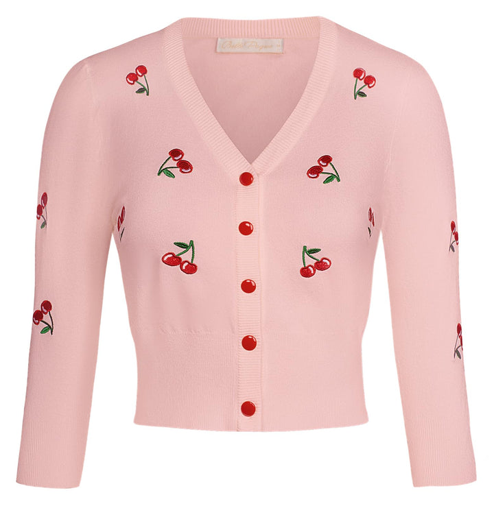 Belle Poque Damen Strickjacke mit 3/4-Ärmeln, V-Ausschnitt, Knopfleiste, Kirschen, Stickerei, Croppe