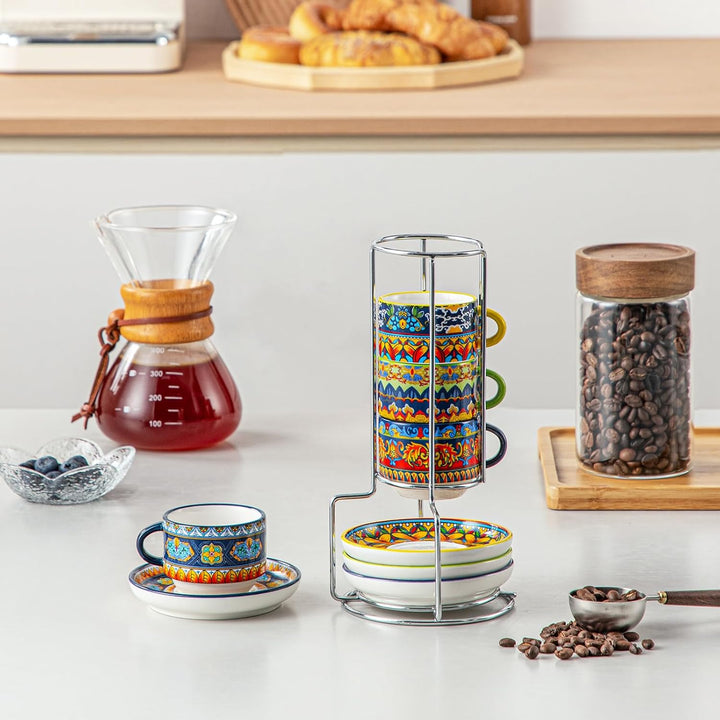 vancasso Espressotassen 4er Set, 90 ml Kaffeetassen mit Untertassen &amp; Metallständer, Stapelbar Dickw