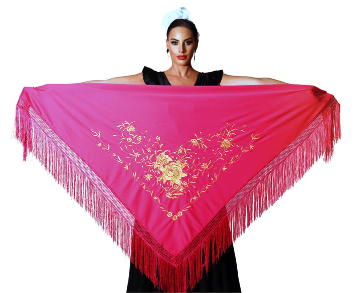 Damen Spanischer Flamenco Manila Schal XL Fuchsia Körper, Goldene Stickerei, XL Fuchsia Körper, Gold