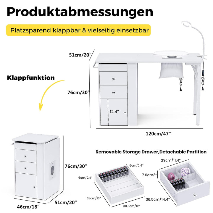 Klappbarer Nageltisch mit Staubabsaugung & LED-Lampe, Mobiler Manikürtisch auf Rollen mit 3 Schublad