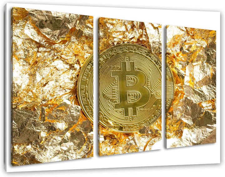 Bitcoin BTC Goldpapierals Leinwandbild 3 teilig | Grösse: 120x80 cm | Wandbild | Kunstdruck | fertig