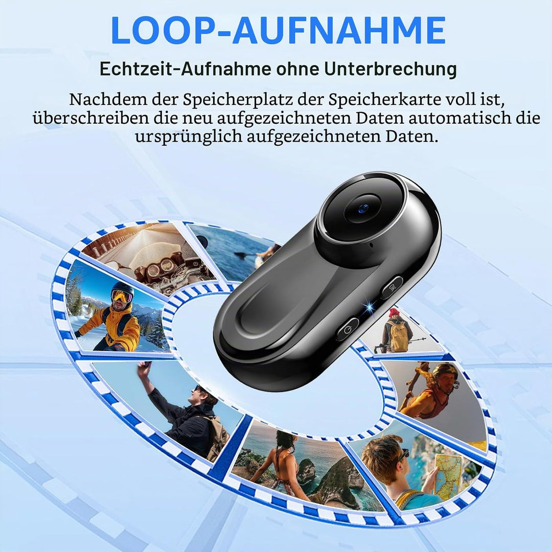 Mini Action Cam 1080P HD, Kleine Bodycam 120° Weitwinkel Objektiv mit 360° Clip&Magnetische Halskord