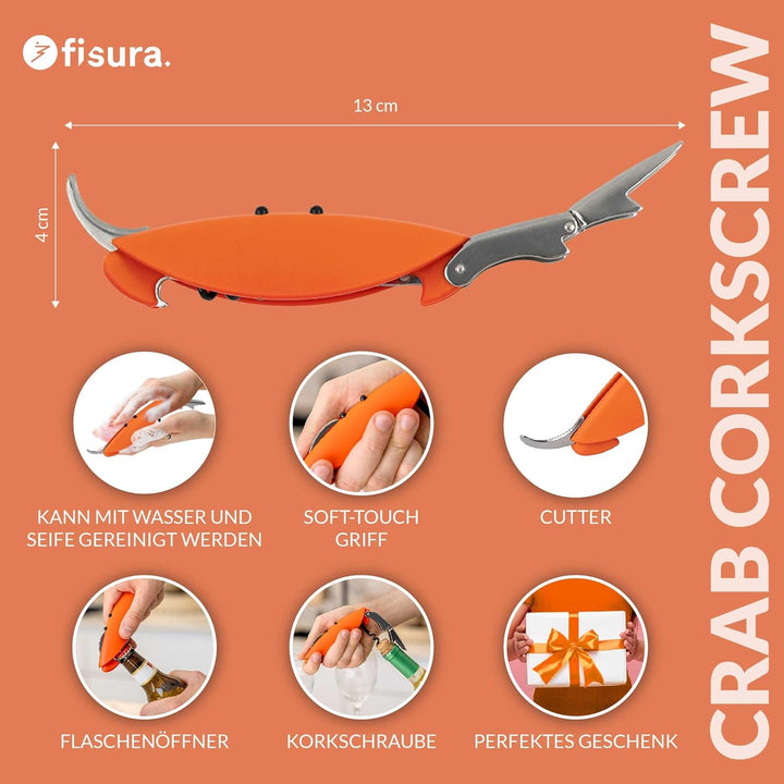 Fisura - Origineller Korkenzieher "Krabbe“. Korkenzieher aus rostfreiem Stahl mit integriertem Folie