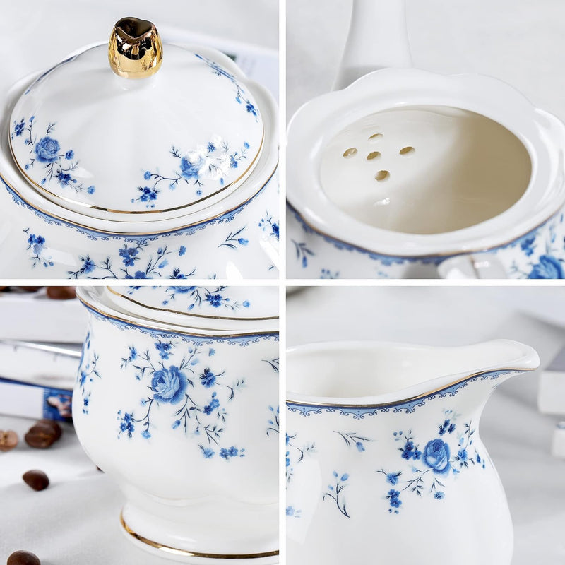 fanquare 21 Stück Porzellan Teeservice, Blau Blumen Tee Set, Englische Kaffeeservice Set mit Teekann